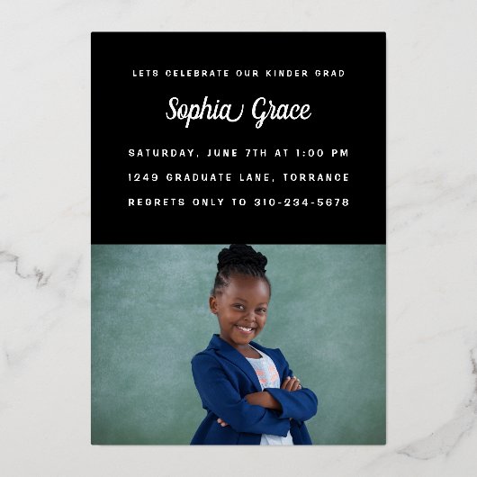 幼稚園の卒業写真キッズ金ゴールド 箔招待状 (裏面)