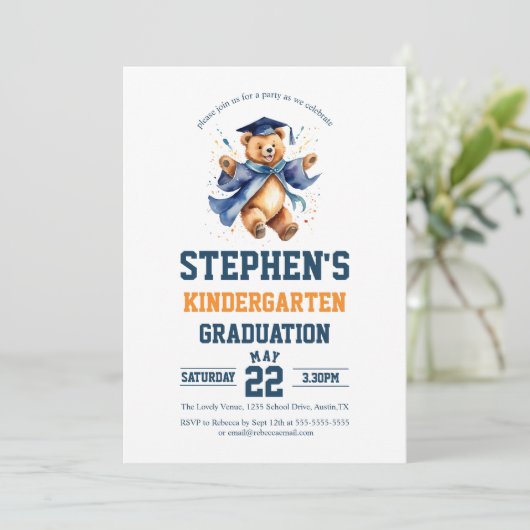 幼稚園の卒業式パーティーかわいいテディベア 招待状 (スタンド正面)