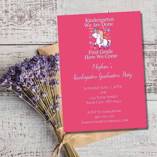 幼稚園の卒業式パーティーピンクユニコーン 招待状