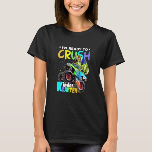 幼稚園の恐竜のモンスタートラックを押し戻す Tシャツ (正面)