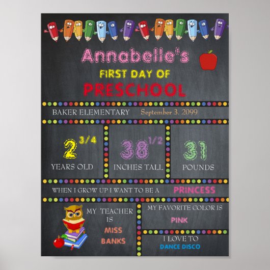 幼稚園の最初の日サイン女の子,チャックボード ポスター (正面)