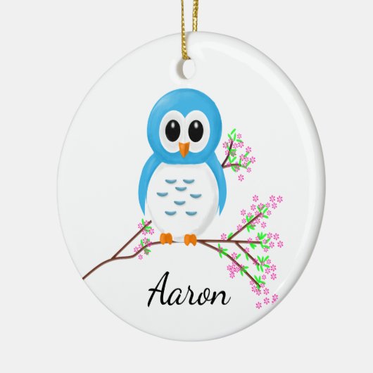 幼稚園の最初日、枝の漫画のフクロウ セラミックオーナメント (左)