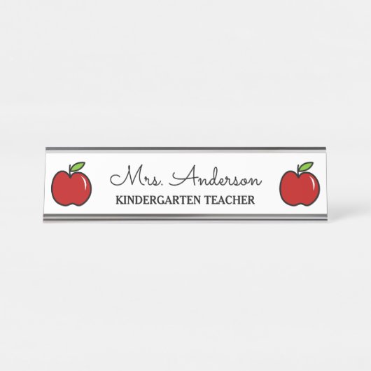 幼稚園カスタム先生の赤いリンゴのロゴ デスクネームプレート (正面)