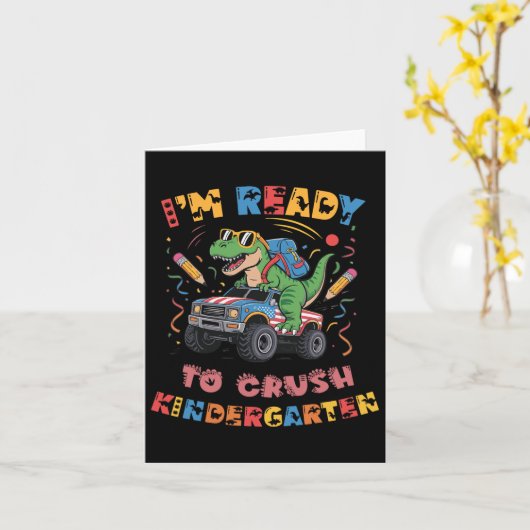 幼稚園モンスタートラック少年T-Rをつぶす準備ができて カード (黄色い花)