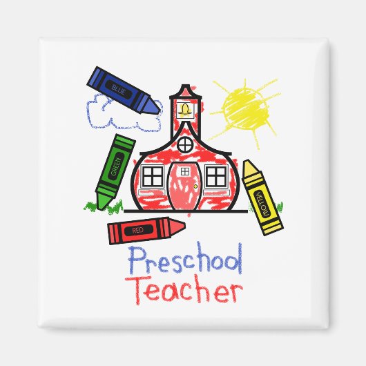 幼稚園先生マグネット – 校舎&クレヨン マグネット (正面)