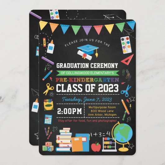 幼稚園卒園前の黒板式 招待状 (正面/裏面)