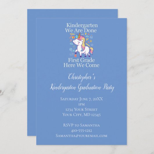 幼稚園卒業パーティーブルーユニコーン 招待状 (正面/裏面)