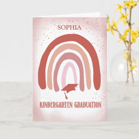 幼稚園卒業ピンクの水彩虹 カード (黄色い花)