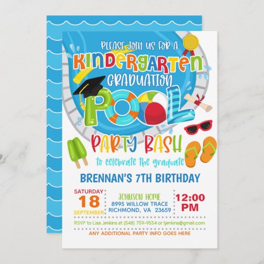 幼稚園卒業プールパーティー- Boy W 招待状 (正面/裏面)