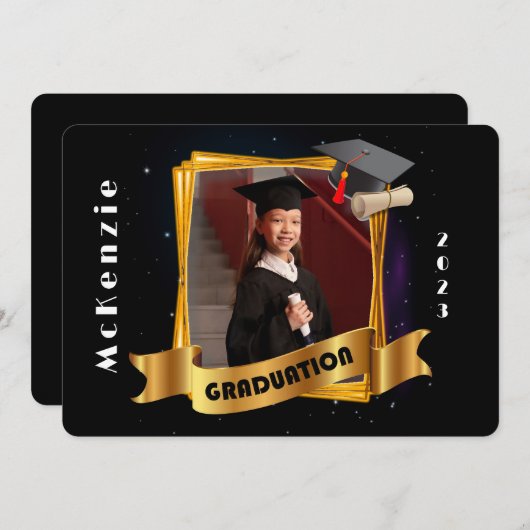 幼稚園卒業金ゴールド枠の追加フォト 招待状 (正面/裏面)