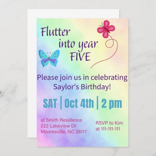 幼稚園年中さんの誕生日招待状に蝶のデザインがぴったり! お子様の名前、年齢、日付、パーティーの詳細を 招待状 (正面/裏面)