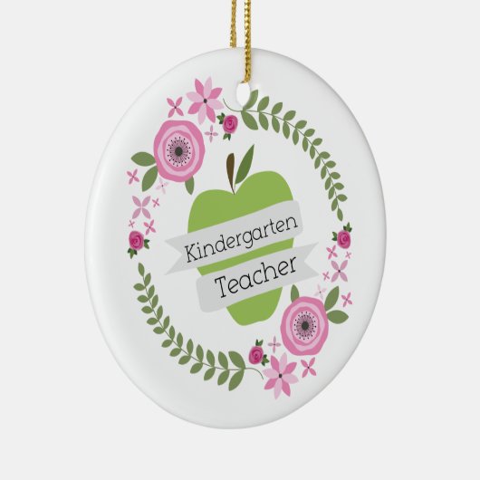 幼稚園教師の緑のAppleの花のリース セラミックオーナメント (右)