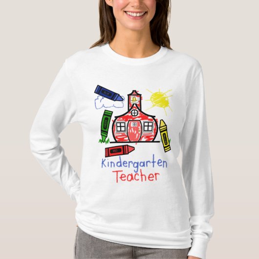 幼稚園教師Tのワイシャツの校舎及びクレヨン Tシャツ (正面)