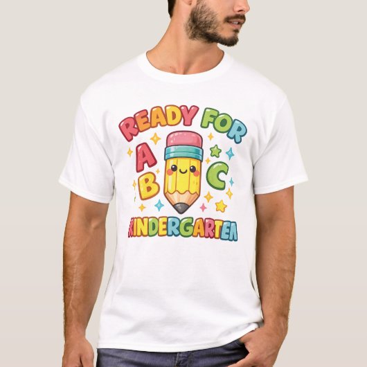 幼稚園準備OK かわいい鉛筆 虹 ABC Tシャツ (正面)