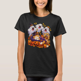 幽霊が叫ぶ、猫が眠る、犬が耳を覆う ハロウィン Tシャツ