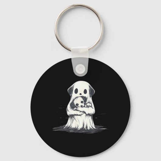 幽霊が子犬を抱えるハロウィンのおもしろコスチューム キーホルダー (正面)