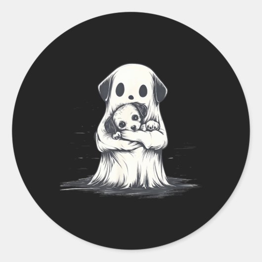 幽霊が子犬を抱えるハロウィンのおもしろコスチューム ラウンドシール (正面)