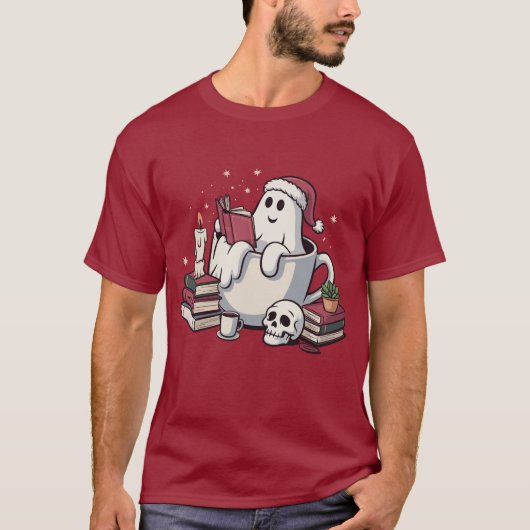 幽霊が本を読むクリスマスの先生・本の虫ギフト Tシャツ (正面)
