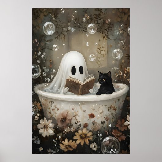 幽霊が本を読む姿と黒猫のお風呂 ポスター (正面)