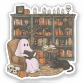 幽霊が本を読む猫好きハロウィン シール (正面)