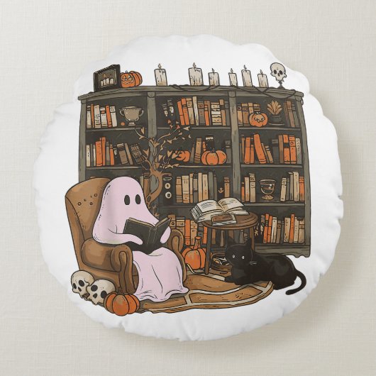 幽霊が本を読む猫好きハロウィン ラウンドクッション (正面)