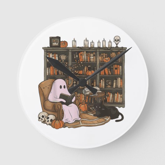 幽霊が本を読む猫好きハロウィン ラウンド壁時計 (正面)
