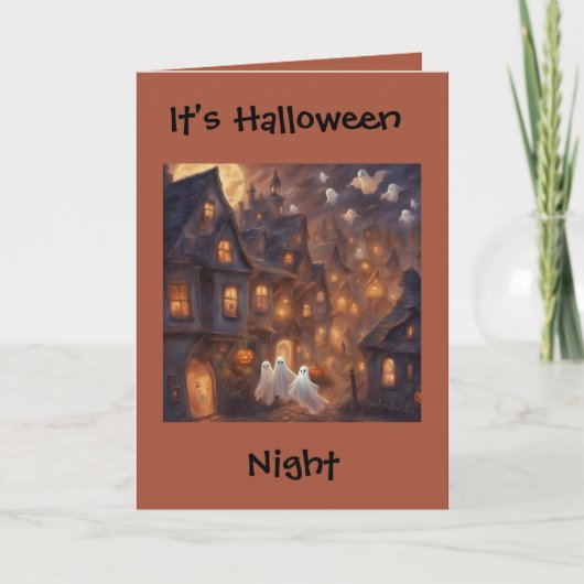 幽霊が飛ぶハロウィンの夜 詩 挨拶 カード (正面)