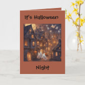 幽霊が飛ぶハロウィンの夜 詩 挨拶 カード (黄色い花)