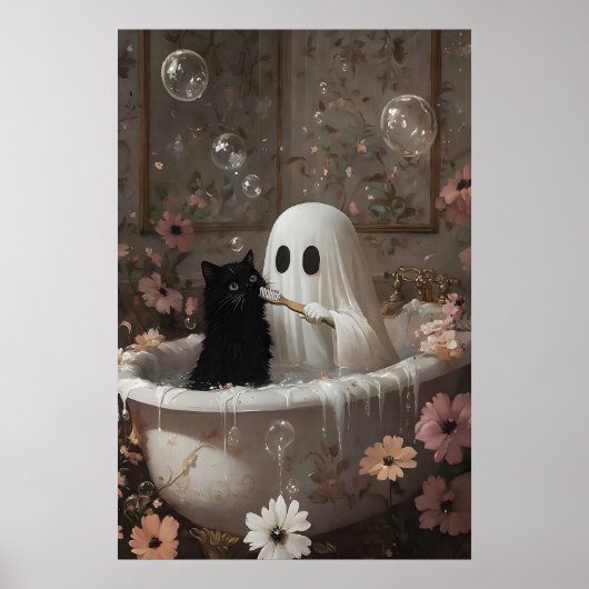 幽霊が黒猫の歯を磨くバスタブプリント ポスター (正面)
