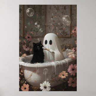 幽霊が黒猫の歯を磨くバスルームプリント ポスター