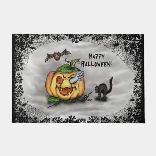 幽霊こうもりネコハッピーハローウィン! ドアマット (正面)