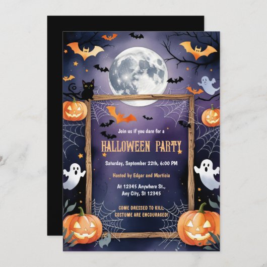 幽霊こうもりムーンパンプキンハロウィン 招待状 (正面/裏面)