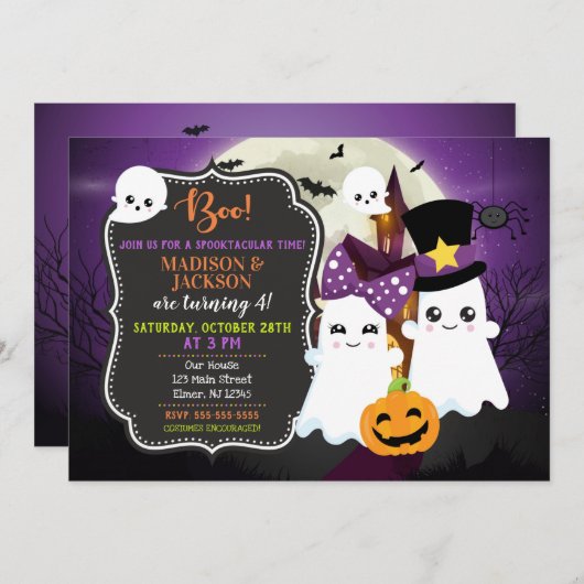幽霊たちハロウィーン誕生日招待状フォーツインズ 招待状 (正面/裏面)