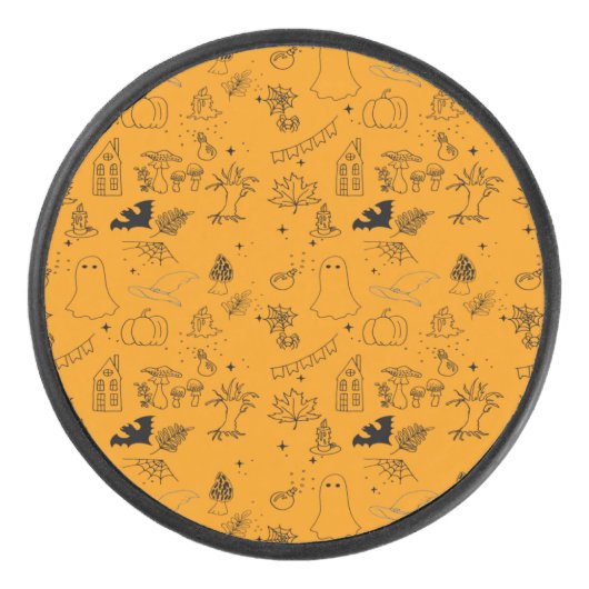 幽霊たち、住宅、クモのハロウィンパターン アイスホッケーパック (正面)
