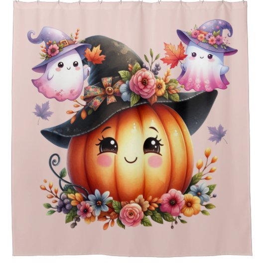 幽霊とカボチャのハロウィンデザイン シャワーカーテン (正面)