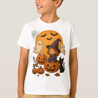 幽霊とカボチャのハロウィン魔女デザイン Tシャツ