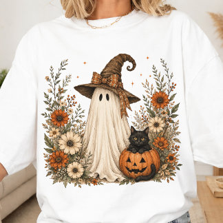 幽霊とカボチャの猫 | ウィスキカルハロウィーンの幽霊 Tシャツ