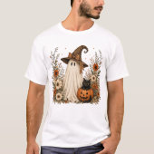 幽霊とカボチャの猫 | ウィスキカルハロウィーンの幽霊 Tシャツ (正面)