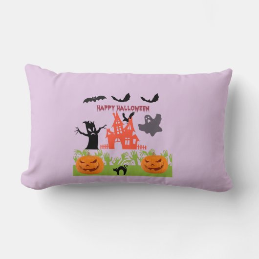 幽霊とカラスが不気味な屋敷の上を舞う ランバークッション (正面)