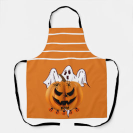 幽霊とクモが描かれたハロウィンのカボチャデザイン エプロン
