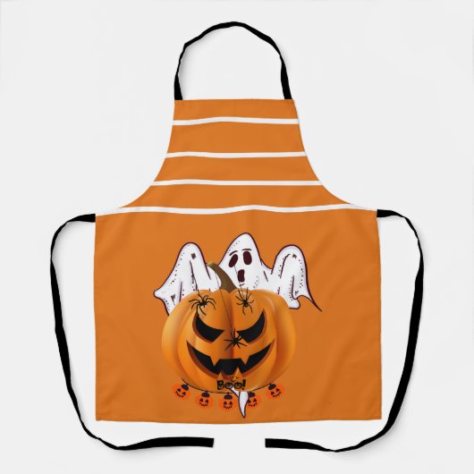 幽霊とクモが描かれたハロウィンのカボチャデザイン エプロン (正面)