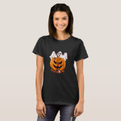 幽霊とクモが描かれたハロウィンのカボチャデザイン Tシャツ (正面フル)