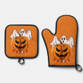 幽霊とクモのハロウィンカボチャデザイン 鍋つかみ&鍋敷きセット (正面)