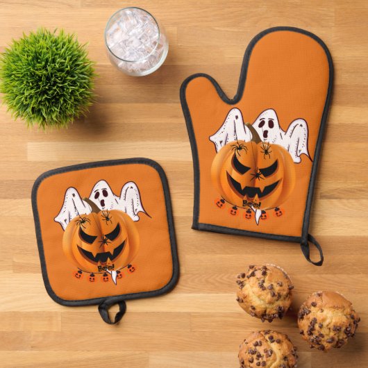 幽霊とクモのハロウィンカボチャデザイン 鍋つかみ&鍋敷きセット (トップダウン)