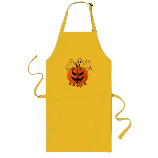 幽霊とクモのハロウィン・パンプキン デザイン ロングエプロン (正面)