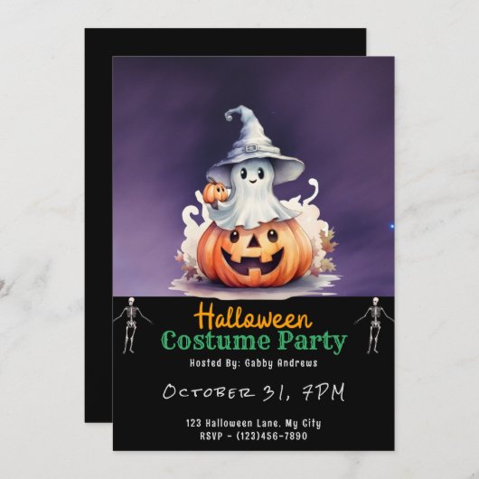 幽霊とグレーウィッチハットブラックハロウィーン 招待状 (正面/裏面)