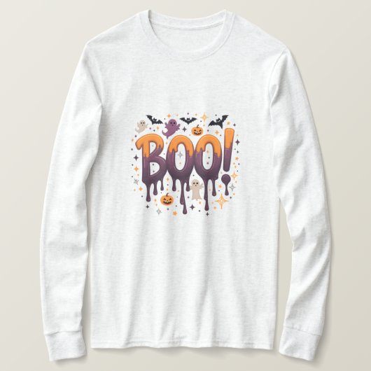 幽霊とコウモリのハロウィン ドリッピングレター BOO Tシャツ (デザイン正面)