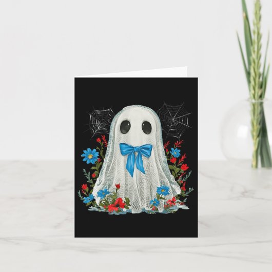 幽霊とブルーボウコケットと花ハロウィーン カード (正面)
