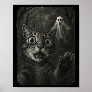 幽霊と写メするハロウィンの猫 ソーキー可愛い ポスター