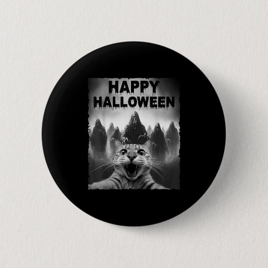 幽霊と写メする猫のハロウィンコスチュームの日 缶バッジ (正面)